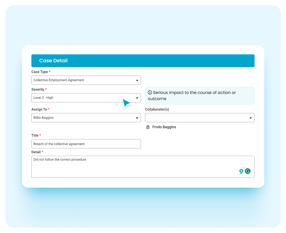 HR Today platform recording HR issue details and employee case notes