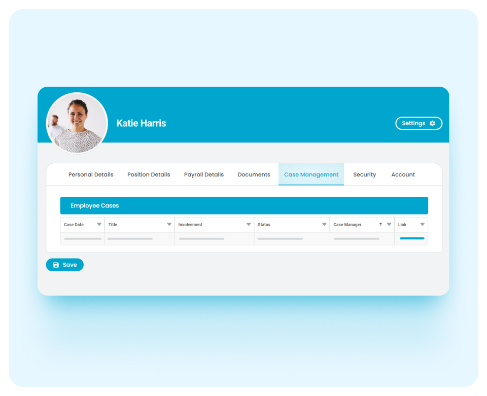 HR Today's software view of an employee's profile, showing editable details and stored documents